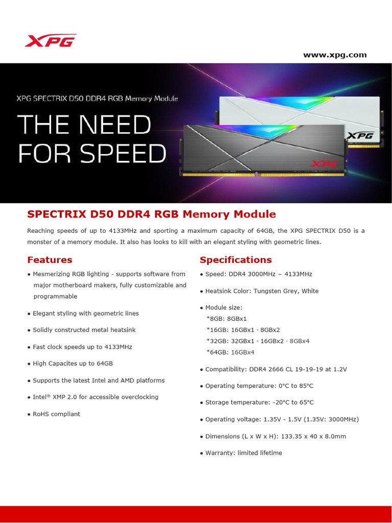 XPG SPECTRIX D50 DDR4 RGB Memory | PDF | Electronics | Computer Hardware