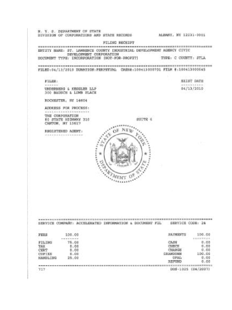 Sample NYS DOS Corp Filing Receipt | PDF