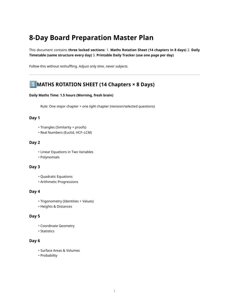 8-Day Board Prep Timetable + Maths Rotation + Daily Tracker | PDF ...