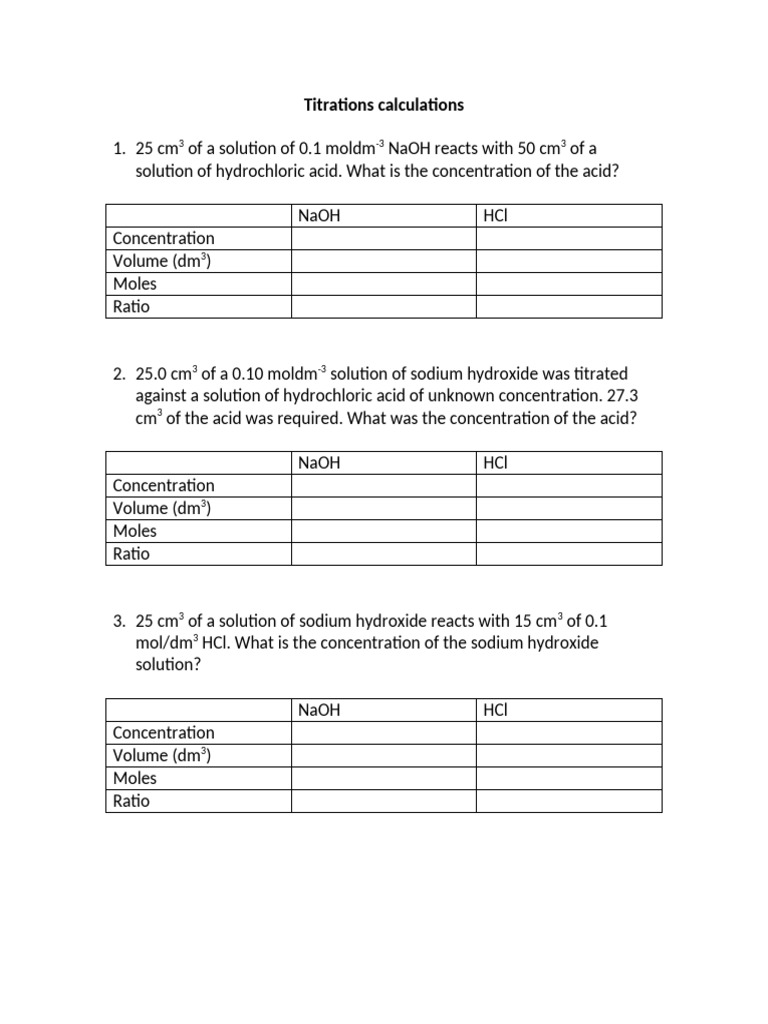Titrations Calculations | PDF | Sodium Hydroxide | Acid