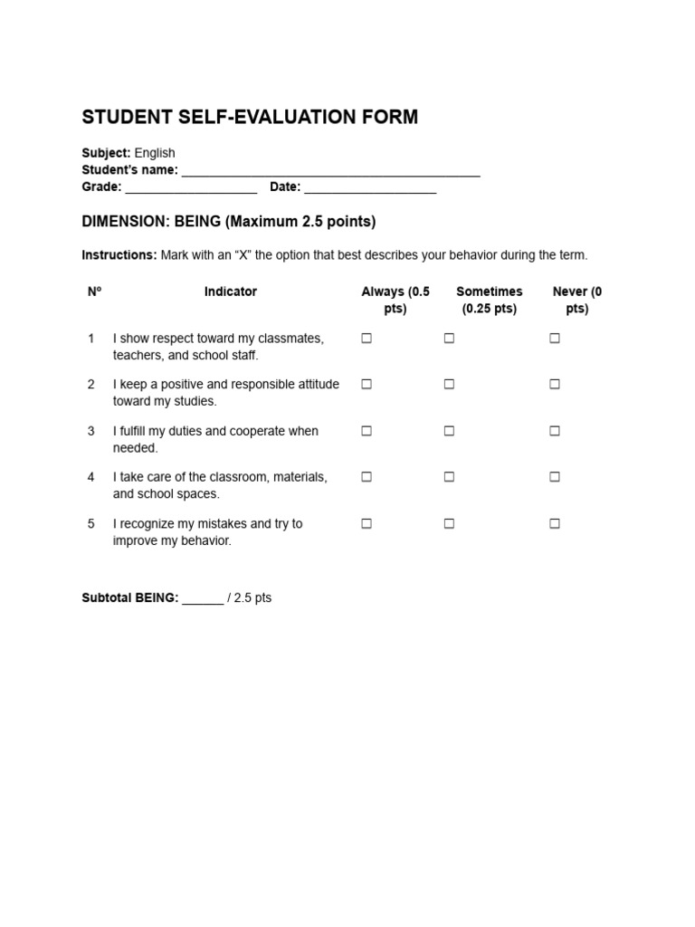 Student Self-Evaluation Form Template | PDF
