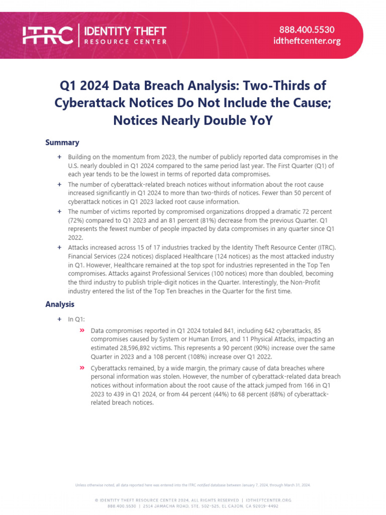 ITRC Q1 2024 Data Breach Analysis 1 | PDF | At&T | Computer Security
