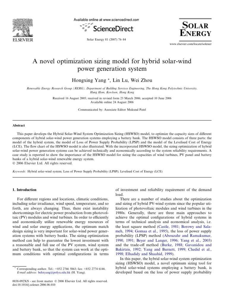 A Novel Optimization Sizing Model For Hybrid Solar-Wind Power ...