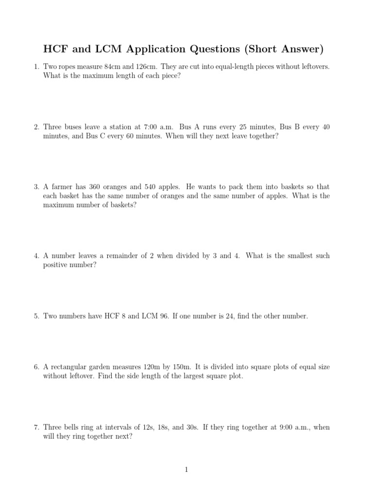 HCF and LCM Practice Questions | PDF