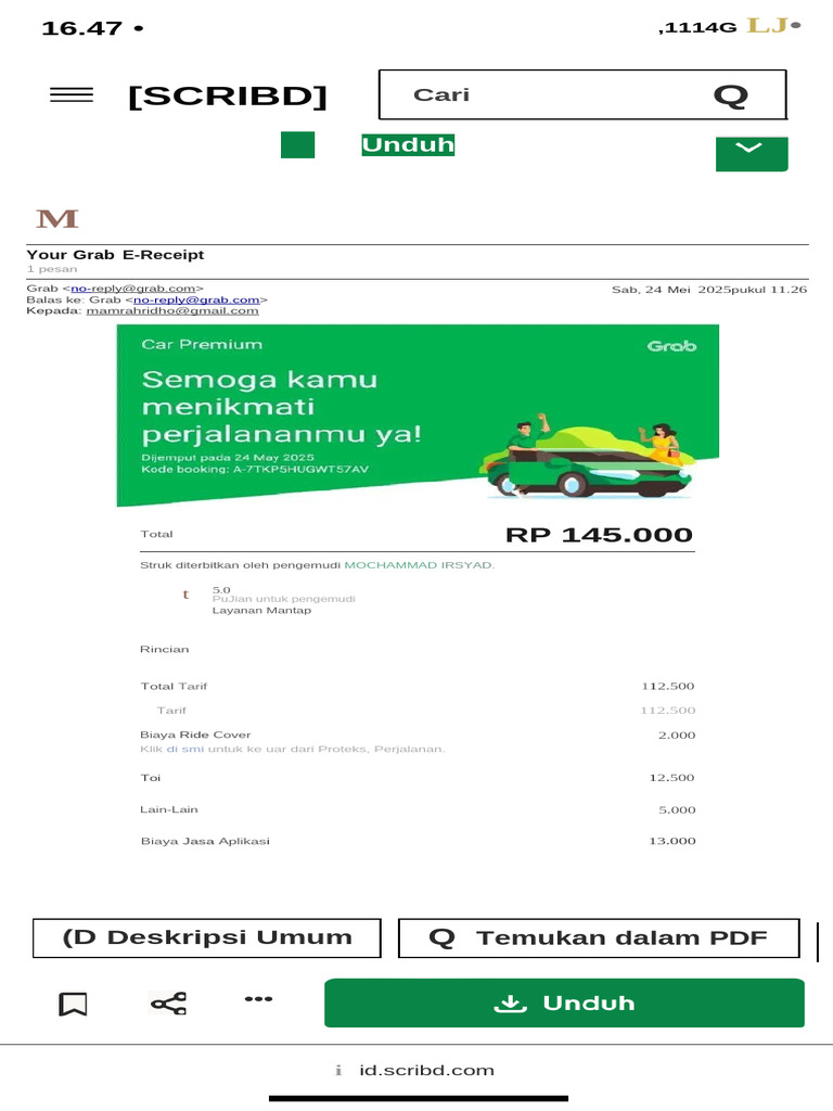 Struk E-Receipt Grab 2025: Rincian Tarif | PDF