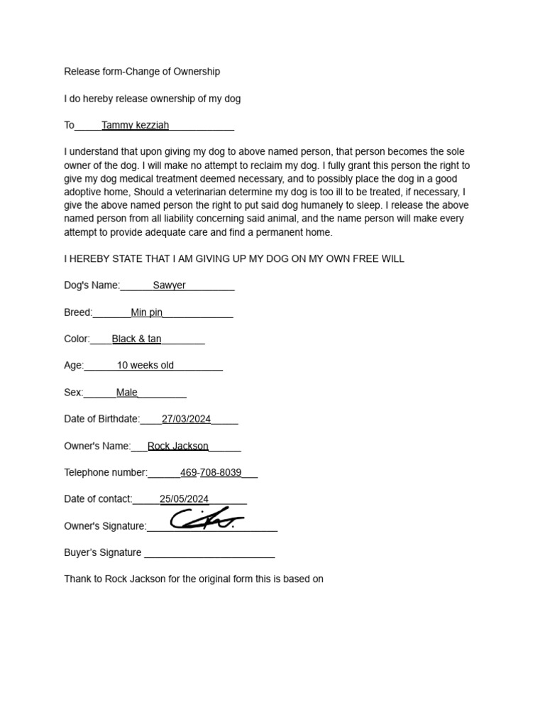 Release Form-Change of Ownership | PDF