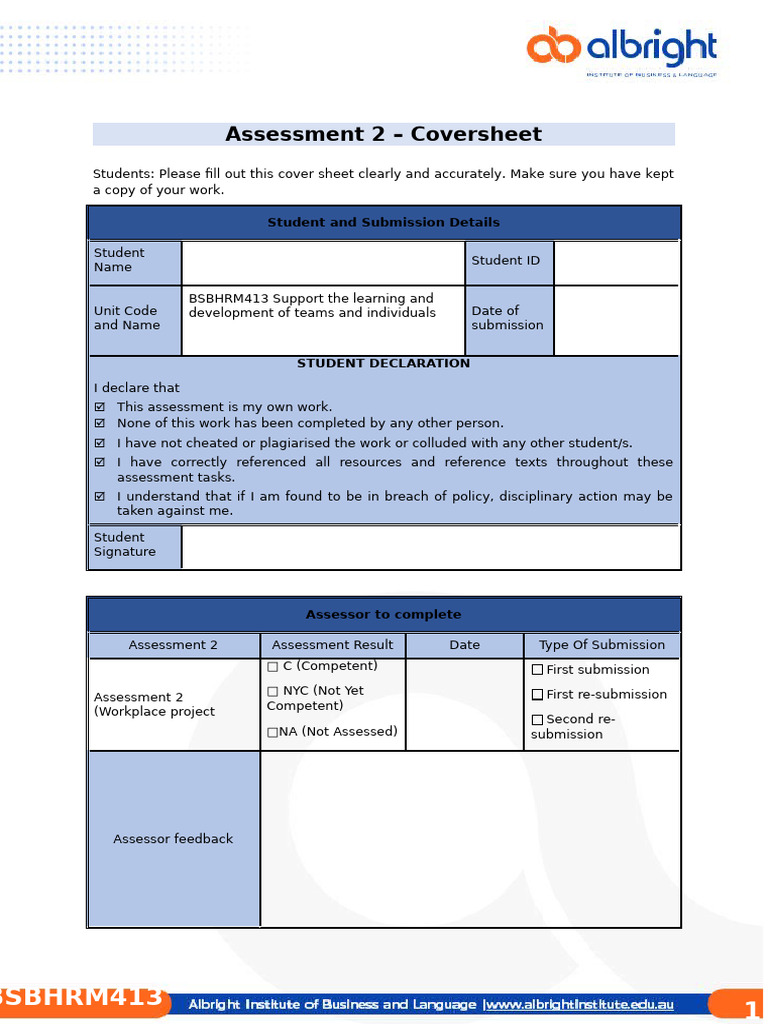 BSBHRM413 Workplace Project Assessment | PDF | Learning | Cognitive Science