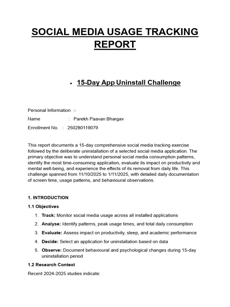 15-Day Social Media Usage Report | PDF | Sleep | Mental Disorder