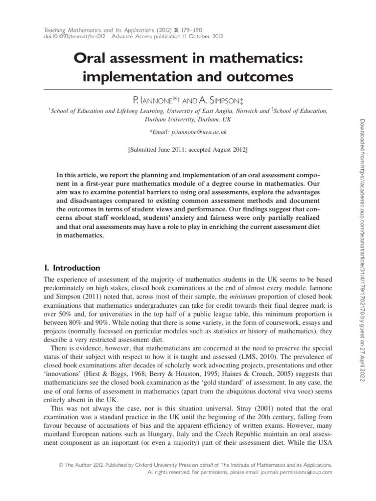 Oral Assessment in Mathematics: Insights and Outcomes | PDF ...