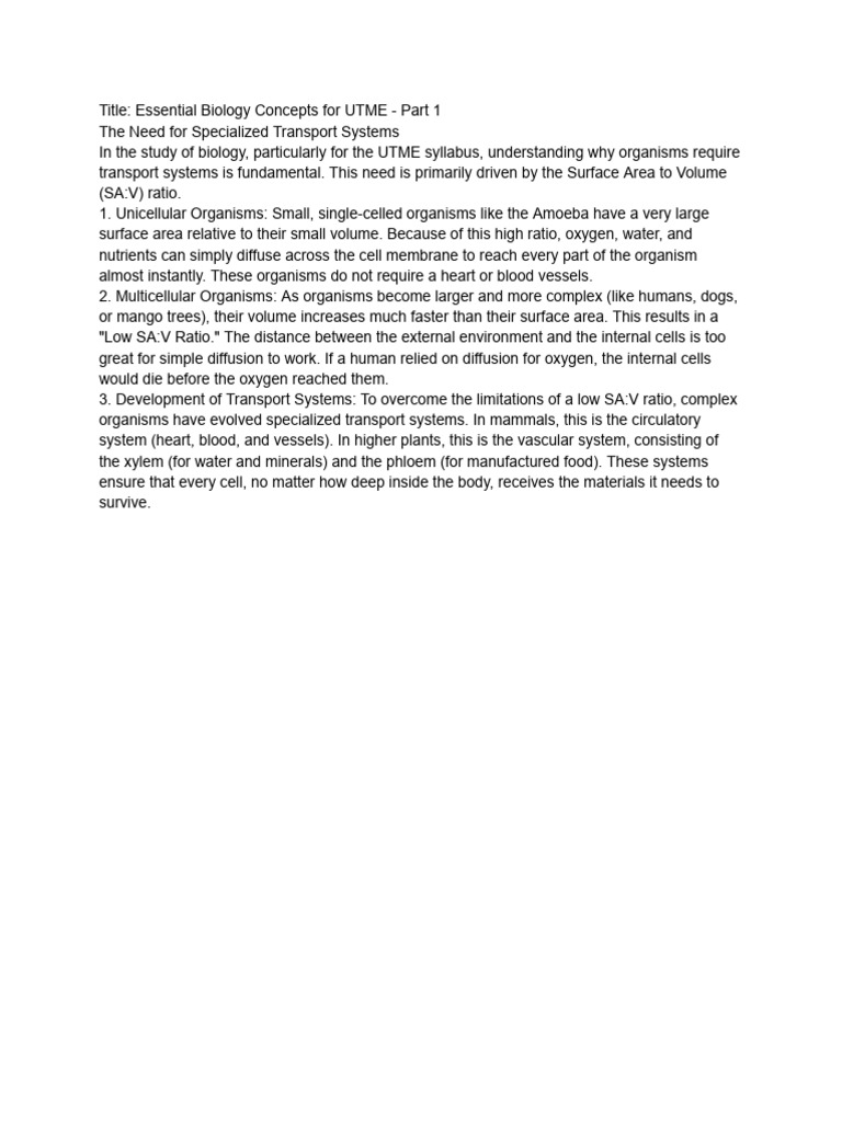 Essential Biology Concepts for UTME - Part 1 | PDF