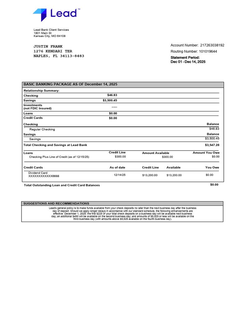 Lead Bank Client Services Statement | PDF | Banks | Credit Card