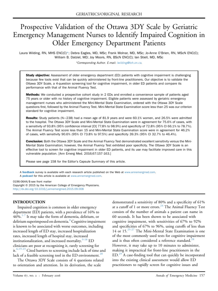 Prospective Validation of the Ottawa 3DY Scale by Geriatric | PDF ...
