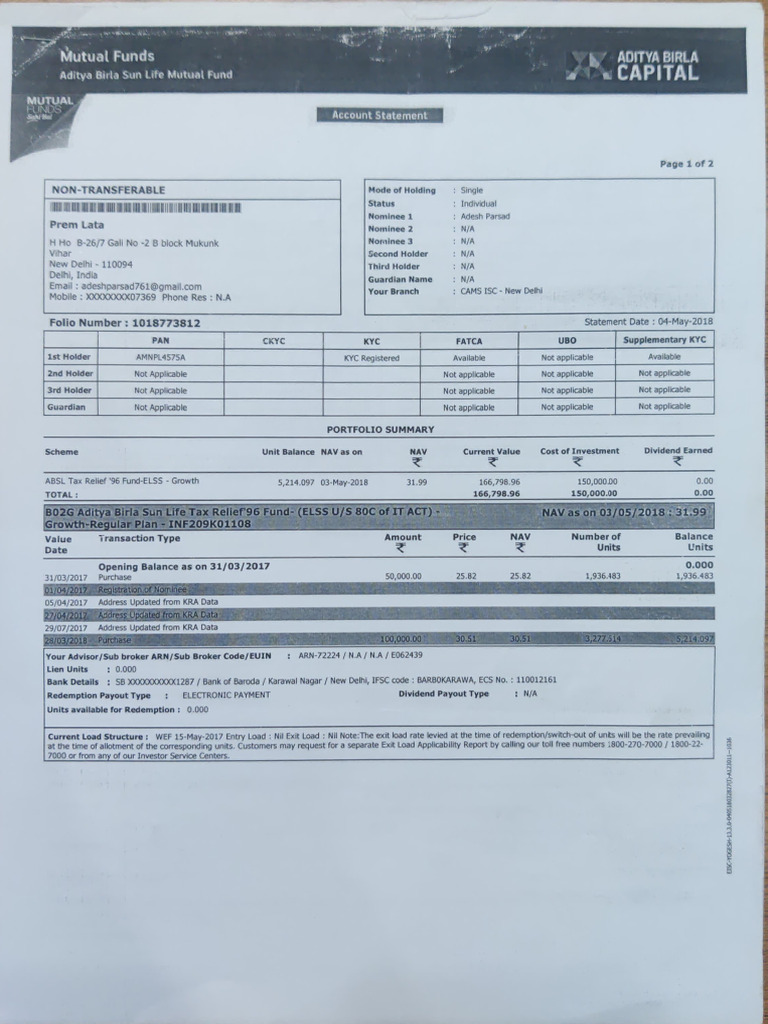 Aditya Birla Sun Life Mutual Fund Statement | PDF | Cheque | Dividend
