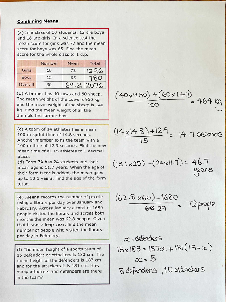 Combining Means Practice Strips Answers | PDF