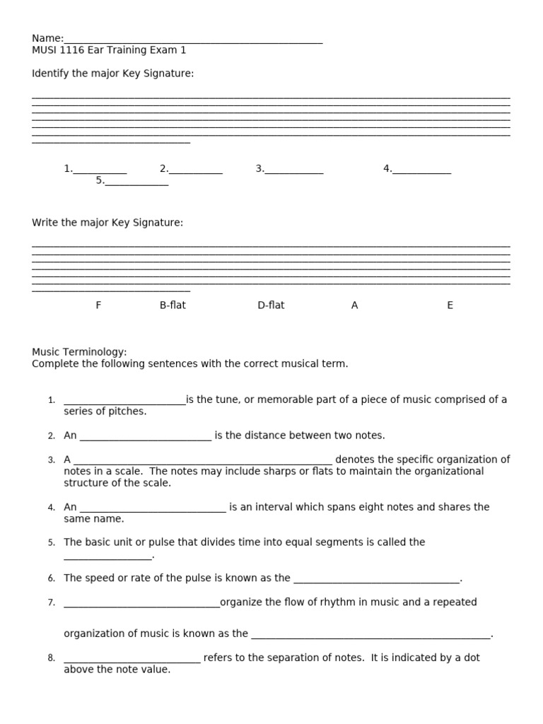 Ear Training Exam 1: Key Signatures & Terms | PDF | Rhythm | Scale (Music)