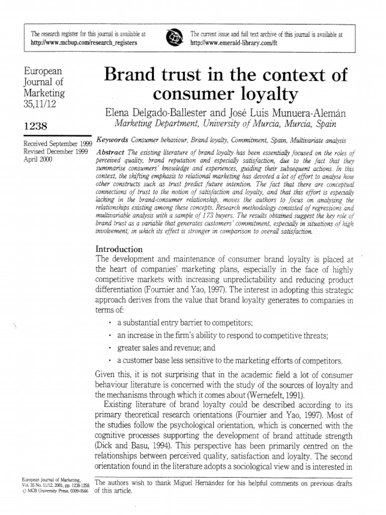 Brand Trust in The Context of Consumer Loyalty | PDF