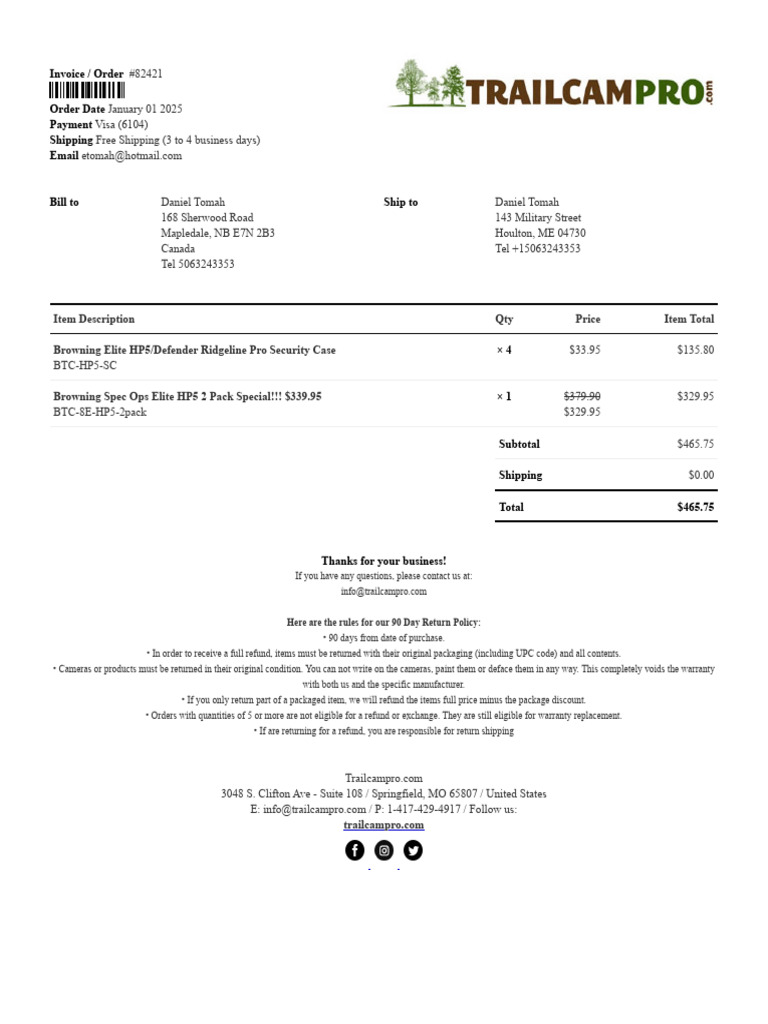 Invoice #82421 for Trail Cam Purchase | PDF