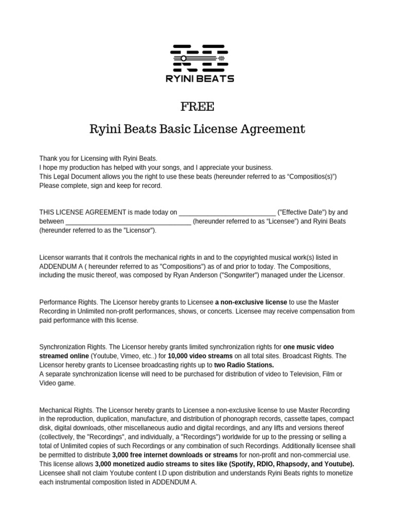 Ryini Beats Basic License Agreement | PDF | License | Sound Recording ...