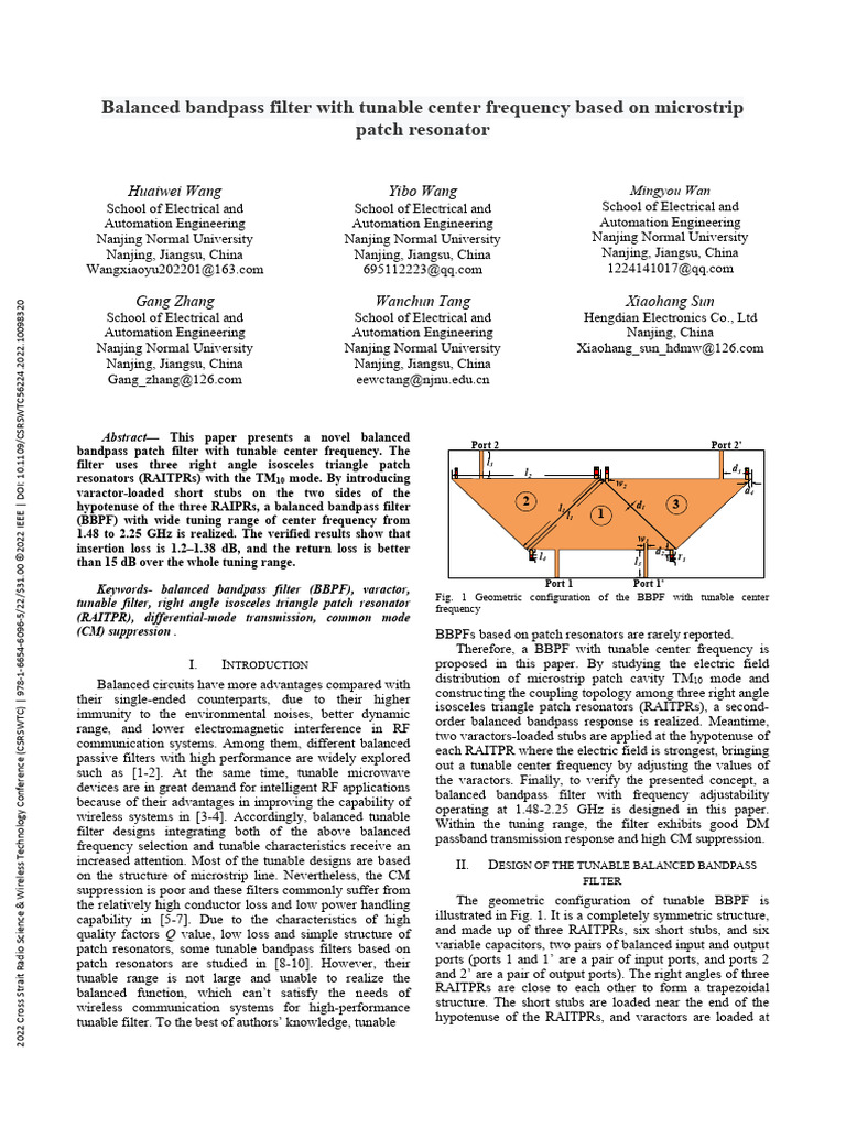 Tunable Balanced Bandpass Filter Design | PDF | Filter (Signal ...