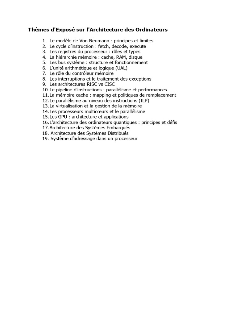 Thèmes d'Exposé sur l'Architecture des Ordinateurs | PDF
