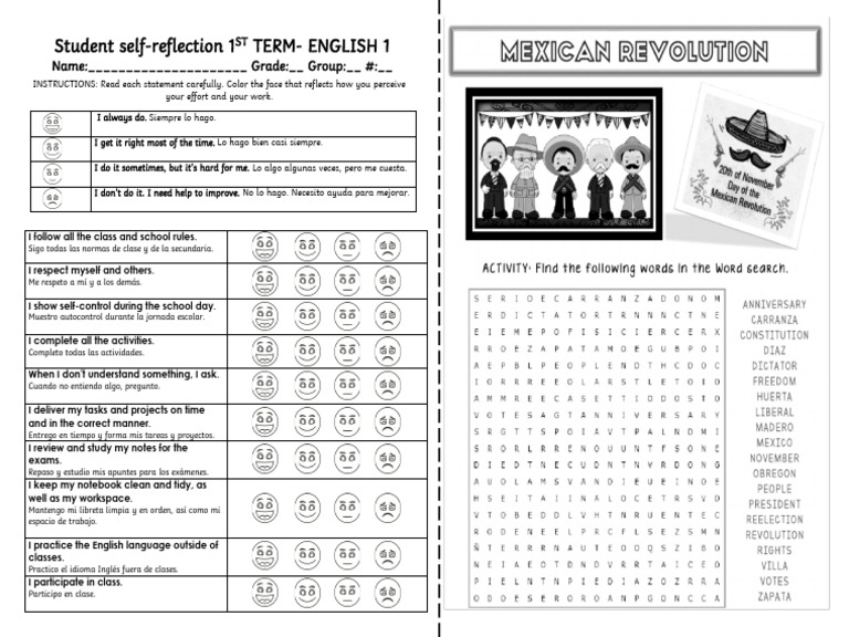 WORKSHEETS - EnGLISH 1 - Self-Reflection and Mexican Rev. | PDF
