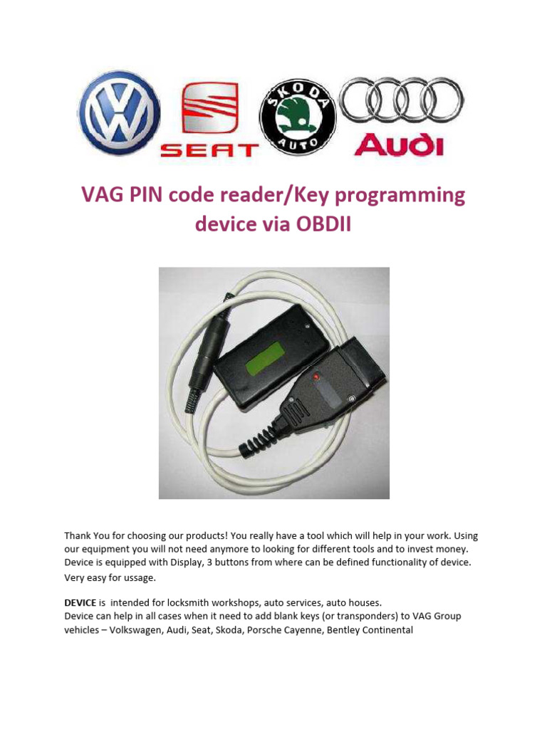 VAG PIN Code Reader & Key Programmer | PDF | Volkswagen | Audi