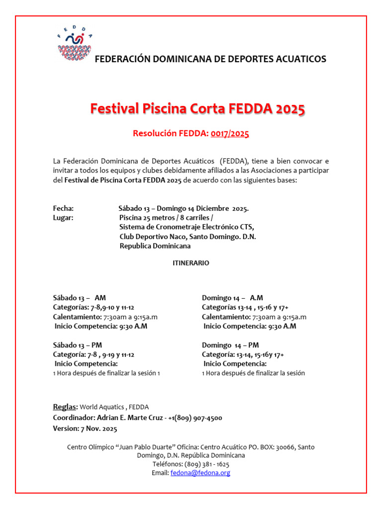 Convocatoria Festival Nacional Piscina Corta FEDDA 2025 | PDF ...