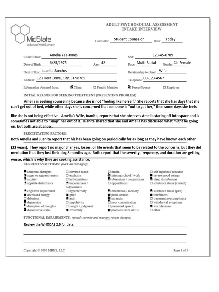 Counseling Intake for Amelia Yee-Jones | PDF | Mental Health | Emotions
