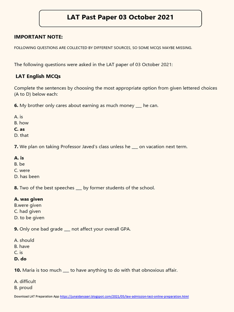 LAT Past Paper 03 October 2021 | PDF | Muhammad Ali Jinnah | All India ...