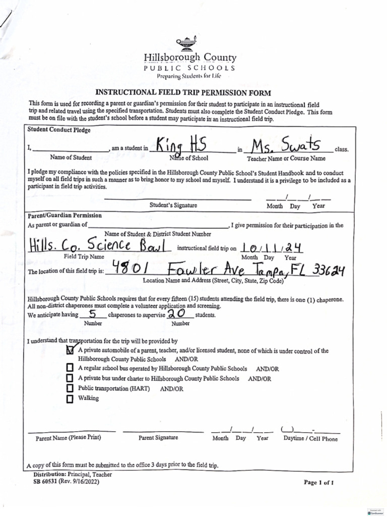Science Bowl School Instructional Field Trip Permission Form | PDF