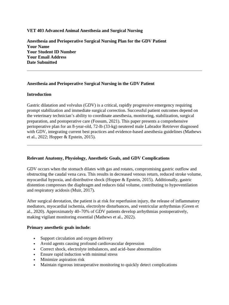 GDV Anesthesia & Surgical Nursing Plan | PDF | Anesthesia | Shock ...