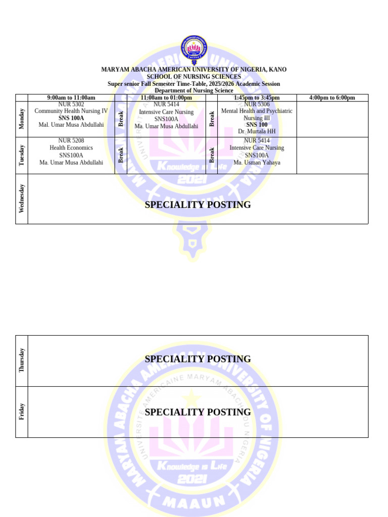 Nursing Super Senior Timetable 2025/26 | PDF