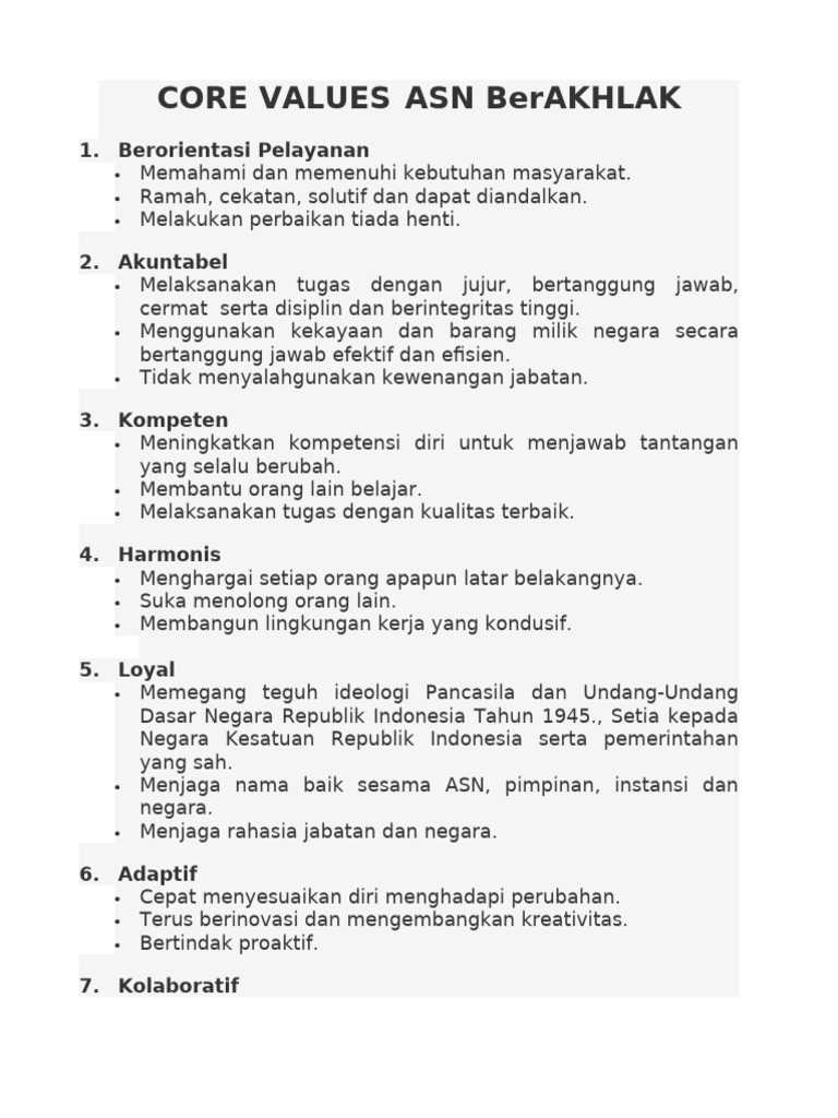 Nilai-Nilai Inti ASN BerAKHLAK | PDF