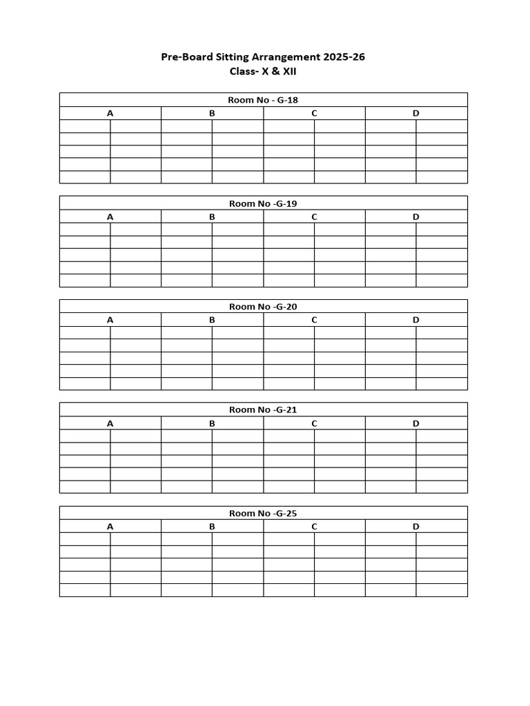 Pre-Board Sitting Arrangement 2025-26 Class-X & XII: Room No - G-18 A B ...