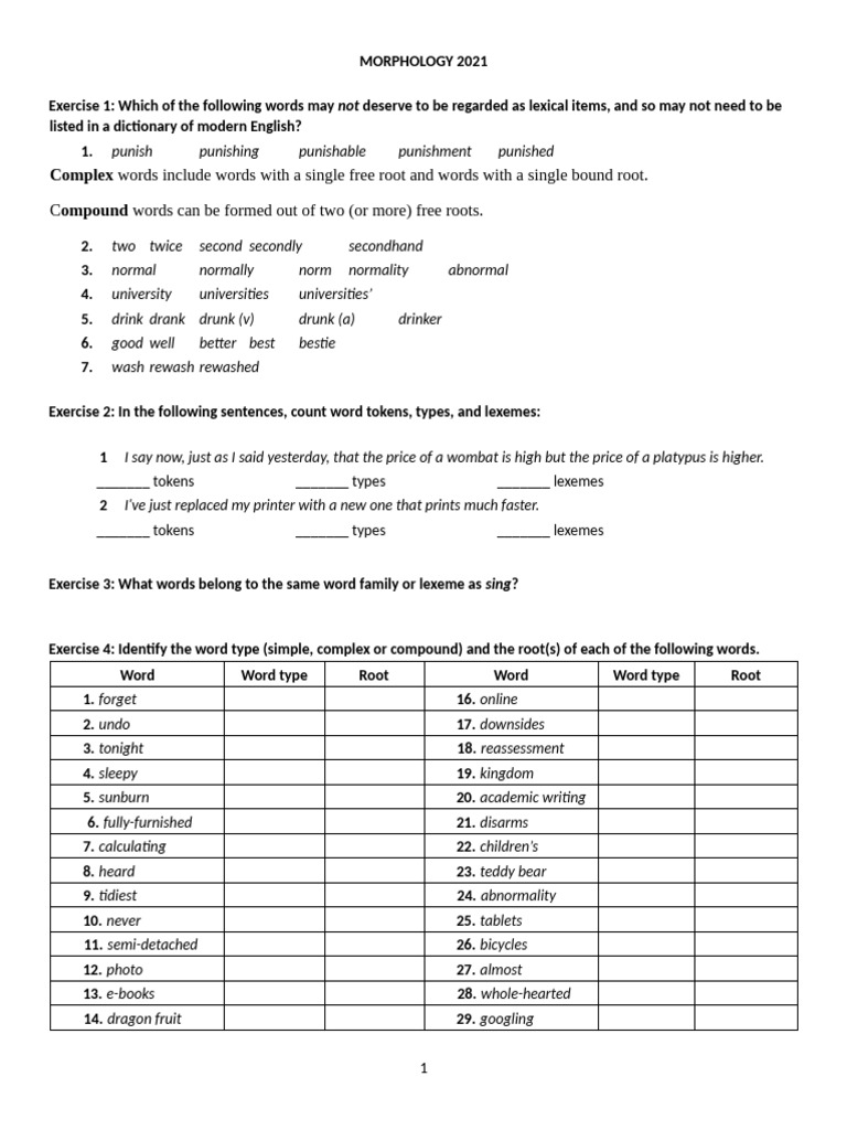 Morphology Exercises and Analysis Guide | PDF | Word | Morphology ...