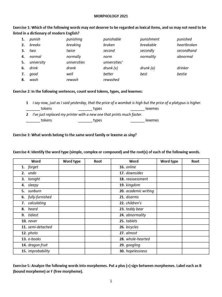 Morphology Exercises and Analysis Guide | PDF | Word | Linguistic ...