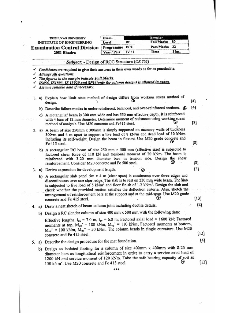 Design of RCC Structure Past Questions | PDF
