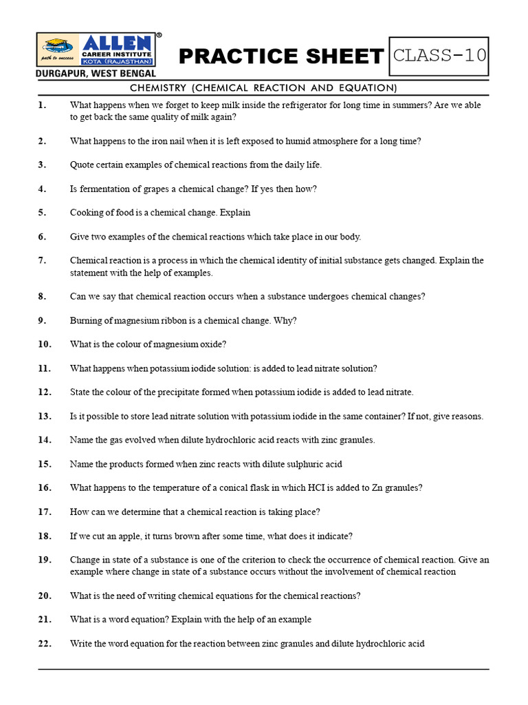 Class 10 Chemical Reactions Practice Sheet | PDF | Chemical Reactions ...