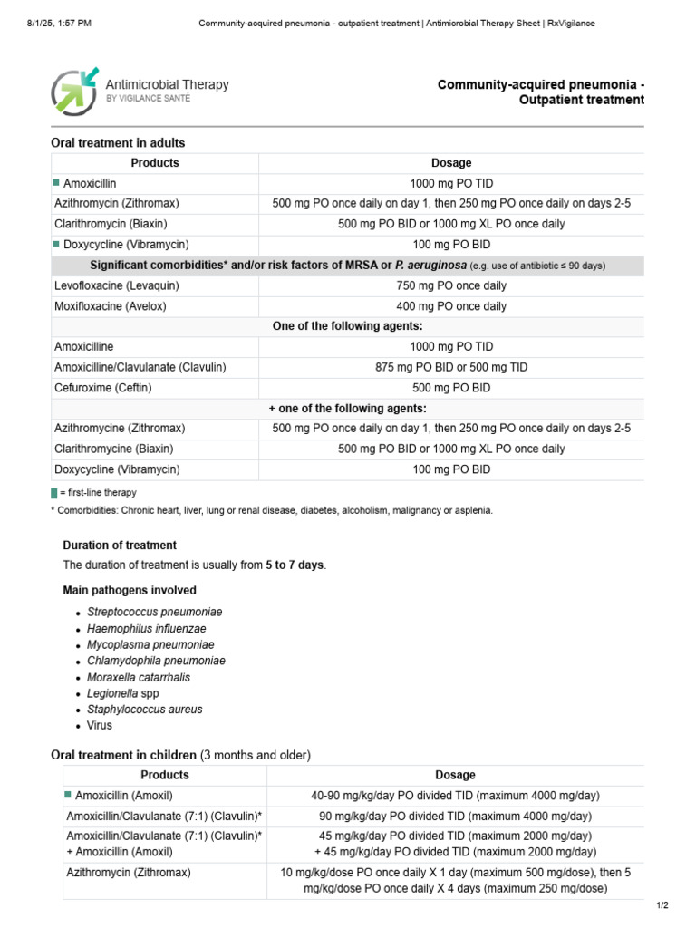 Outpatient Treatment for Pneumonia | PDF | Pneumonia | Medical Specialties