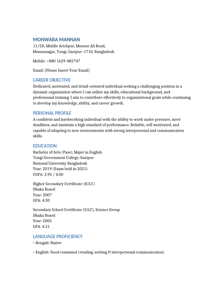 Monwara Mannan CV | PDF