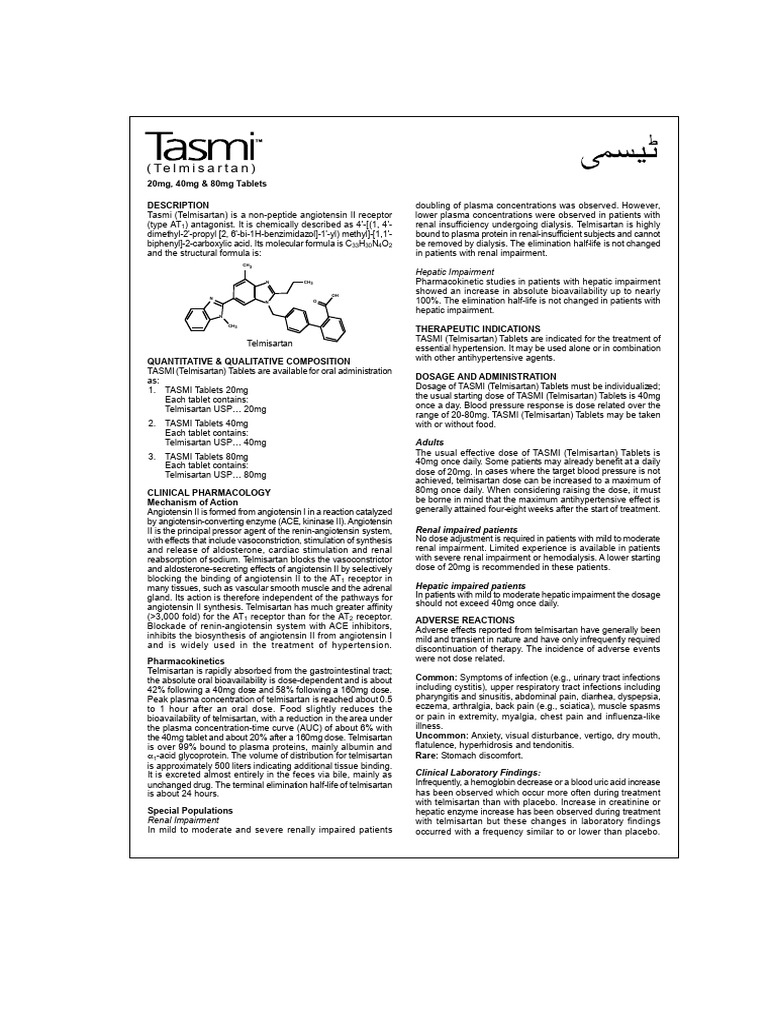 Tasmi (Telmisartan) Tablets Overview | PDF | Angiotensin | Kidney