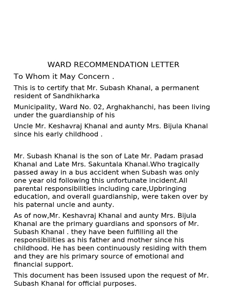 Ward Recommendation Letter To Whom It May Concern | PDF