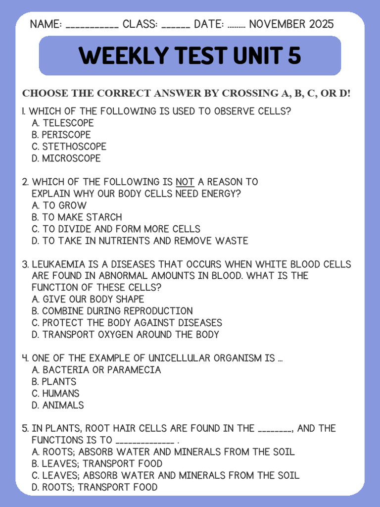 P5 Science Weekly Test Unit 5 | PDF
