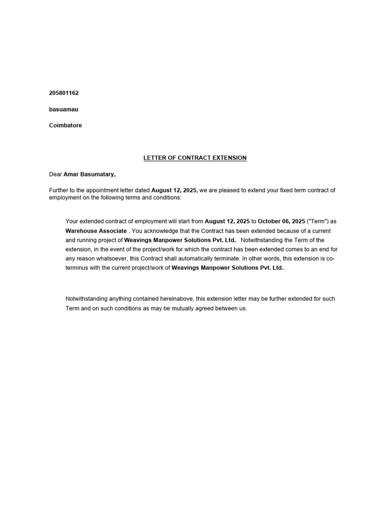 Contract Extension for Warehouse Associate | PDF