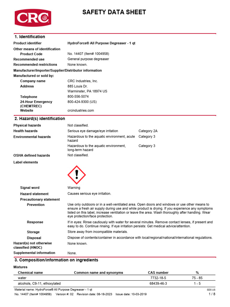 HydroForce® All Purpose Degreaser SDS | PDF | Dangerous Goods ...