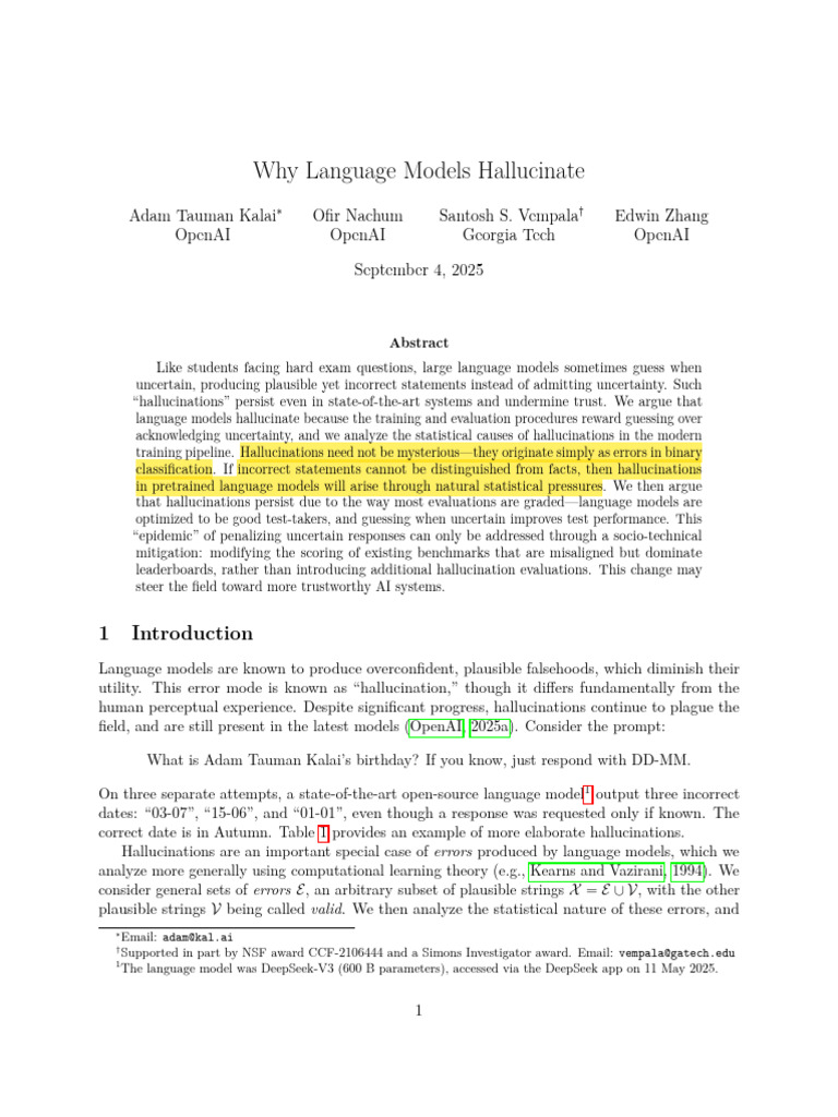 Why Language Models Hallucinate | PDF | Learning | Cognitive Science