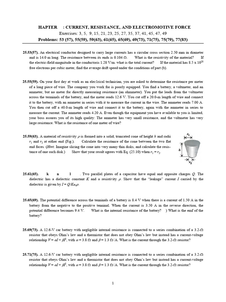 Current, Resistance, and EMF Exercises | PDF | Resistor | Electric Current