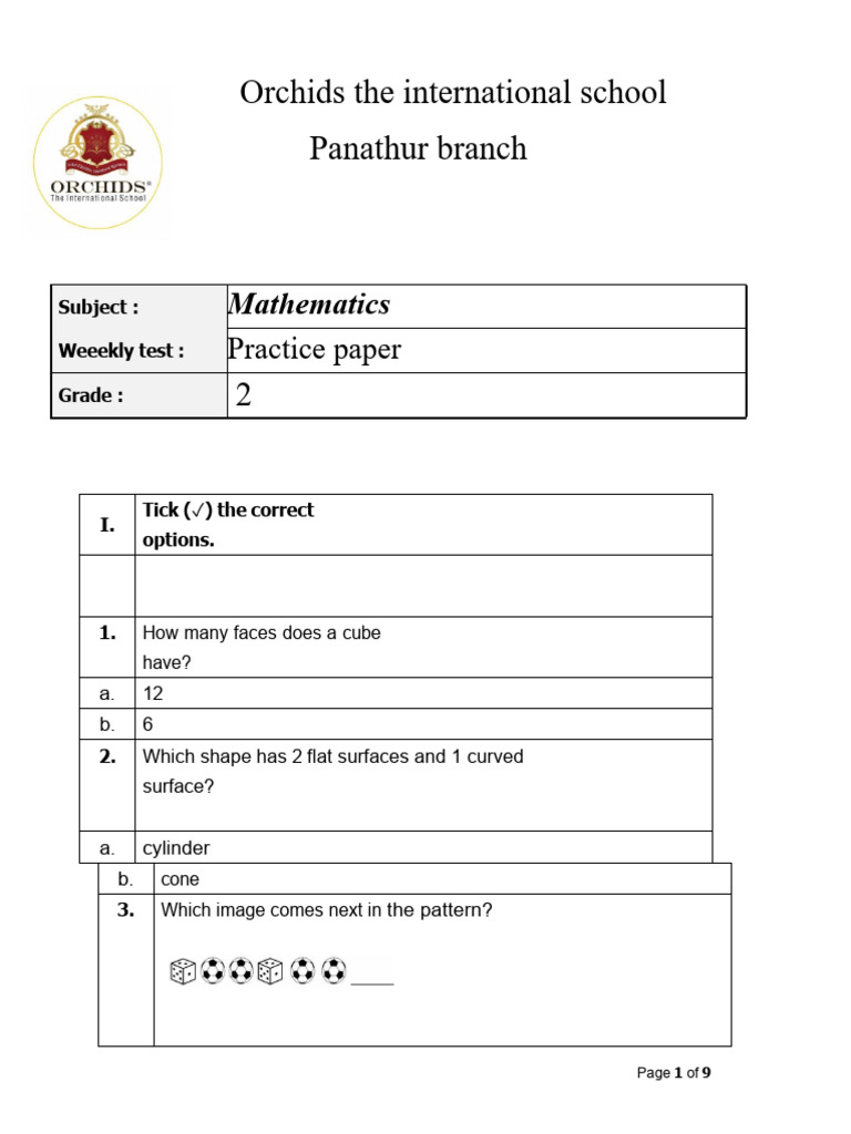 Grade 2 Mathematics Weekly Test | PDF