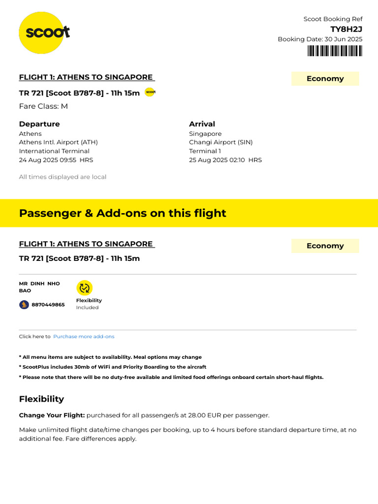 Scoot Flight Booking Confirmation: ATH to SIN | PDF | Airlines | Civil ...