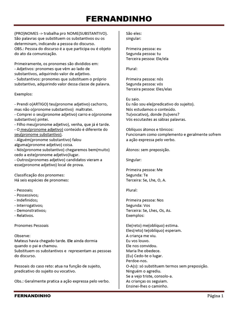 Classificação e Uso dos Pronomes em Português | PDF | Pronome | Substantivo